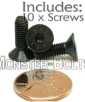 Hella Tough M5 x 15mm Flat Head Socket Cap Screws DIN 7991 Metric Hardware Class 12.9 with a penny for size comparison.