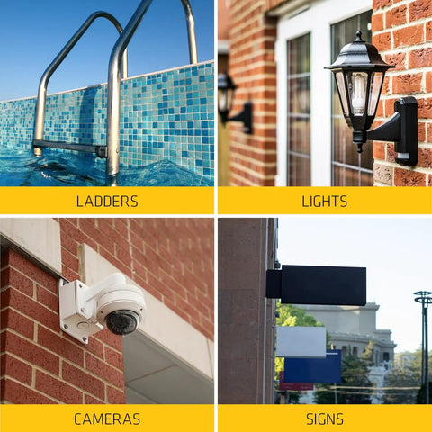 Collage of pool ladder, wall-mounted light, security camera on brick wall, and multi-colored directional signs.