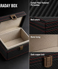 Open Faraday Key Fob Box For Car Keys, RFID Signal Blocking Case with carbon fiber PU leather, red suture, metal lining.