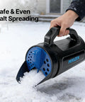 Person using Handheld Spreader For Lawn Care 3 In 1 Seed Fertilizer Ice Melt With Adjustable Openings And 84 Oz Capacity on snow.