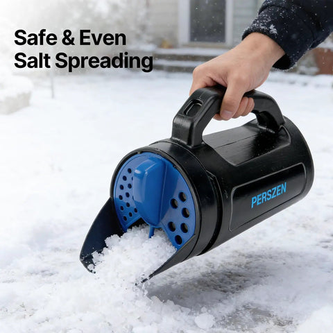 Person using Handheld Spreader For Lawn Care 3 In 1 Seed Fertilizer Ice Melt With Adjustable Openings And 84 Oz Capacity on snow.