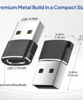 4 Pack USB C Female To USB A Male Car Charger Adapter dimensions and aluminum body shown in image