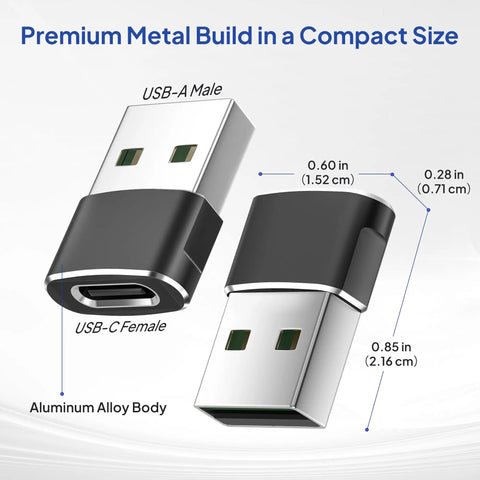 4 Pack USB C Female To USB A Male Car Charger Adapter dimensions and aluminum body shown in image