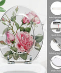 Elongated Resin Toilet Seat for Bathroom featuring pink rose design, 14.5" x 18.5", with stainless steel hinge.