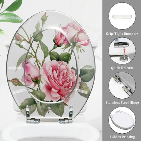 Elongated Resin Toilet Seat for Bathroom featuring pink rose design, 14.5" x 18.5", with stainless steel hinge.