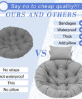 Comparison of gray egg chair cushion replacement, waterproof and with pillow, vs non-waterproof without pillow.