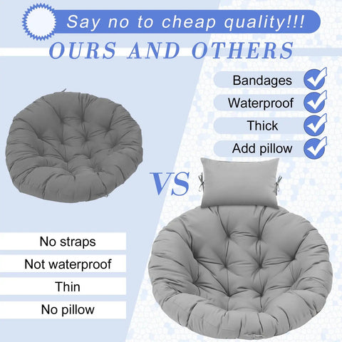 Comparison of gray egg chair cushion replacement, waterproof and with pillow, vs non-waterproof without pillow.