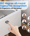 Bluetooth Fingerprint Cabinet Lock With Smart Biometric Keyless Access for File Drawers installed on white cabinet showing fingerprint use.