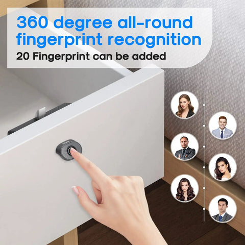 Bluetooth Fingerprint Cabinet Lock With Smart Biometric Keyless Access for File Drawers installed on white cabinet showing fingerprint use.