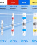 Image showing 100 Pcs Solder Seal Wire Connectors Kit For Waterproof Insulated Electrical Terminals And Butt Splices All In One Heat Shrink Quick Seal No Crimp Tool Needed Durable Dual Wall Design For Secure Wire Splices in four colors: white, red, blue, yellow, with size and quantity details.