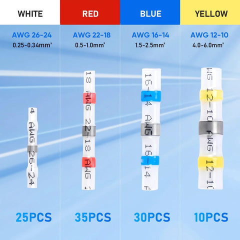 Image showing 100 Pcs Solder Seal Wire Connectors Kit For Waterproof Insulated Electrical Terminals And Butt Splices All In One Heat Shrink Quick Seal No Crimp Tool Needed Durable Dual Wall Design For Secure Wire Splices in four colors: white, red, blue, yellow, with size and quantity details.