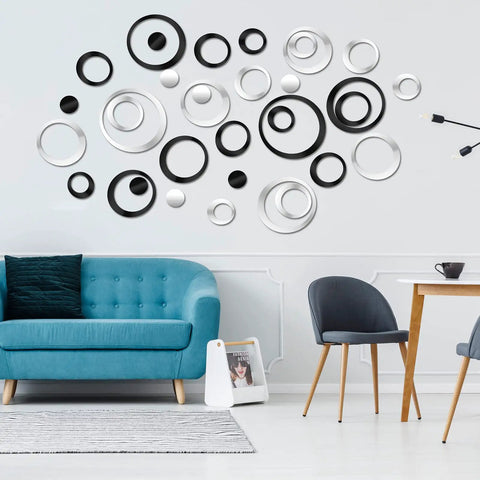 72 Piece Acrylic Circle Mirror Wall Stickers Set In Silver Black And Gold Removable Round Wall Decor Decals on living room wall