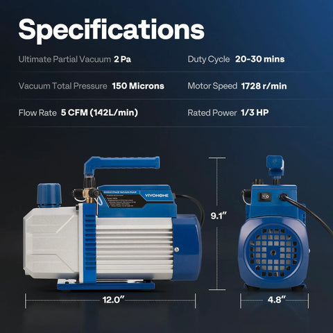Powerful Workhorse 110V One Third HP AC Vacuum Pump Kit With 5 CFM Single Stage And 4 Way Manifold Gauge Set, product sizing specs