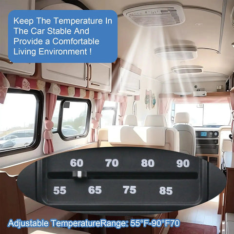 Interior of an RV showing RV Thermostat For Mach Air Conditioners Heat And Cool Control Single Stage Replacement Easy Install