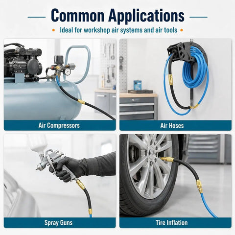 Professional Grade Flexible Air Compressor Whip Hose Kit With Heavy Duty Rubber Connector used with air compressors and tire inflation.
