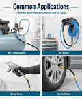 Flexible Air Compressor Whip Hose Kit With Heavy Duty Rubber Flex Line And Snug Quick Connect Fittings For Zero Hassle Pneumatic Tool Hookup And Easy Shop Routing shown on various air tools.