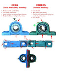 Two pillow block bearings (2-pack) with 1-inch bore; blue heavy-duty housing and teal standard housing, front and side views