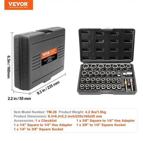 33-Piece Bolt Extractor And Nut Remover Set For Removing Damaged Rusted Bolts And Screws, Fits 6mm To 10mm And Thirteen Thirty-Seconds Of An Inch To Three Quarters Of An Inch, Pro-Grade CR-MO Steel Construction With Durable Storage Case