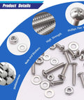 Assorted 304 stainless steel machine screws, bolts, nuts, and washers with SAE Phillips pan head for DIY projects and repairs.
