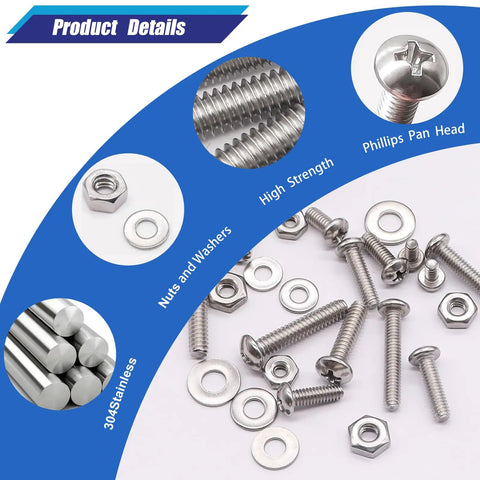 Assorted 304 stainless steel machine screws, bolts, nuts, and washers with SAE Phillips pan head for DIY projects and repairs.