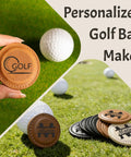 Custom Golf Ball Markers With Logo Text Laser Engraving Magnetic Leather Marker Set displayed on grass with golf ball.