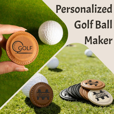 Custom Golf Ball Markers With Logo Text Laser Engraving Magnetic Leather Marker Set displayed on grass with golf ball.