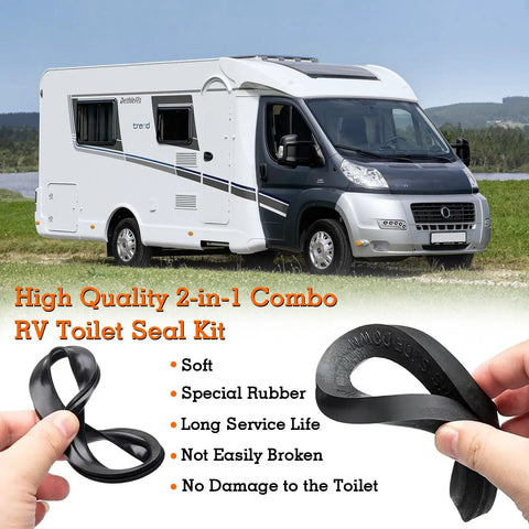 RV Toilet Seal Kit For Dometic 300 310 320 Stop Leaks With A 2 In 1 Replacement Gasket Set held with camper van backdrop