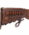Close-up of Vintage Leather No Drill Cheek Rest for Rifles and Shotguns with buttstock pouch and cartridge holder slot.