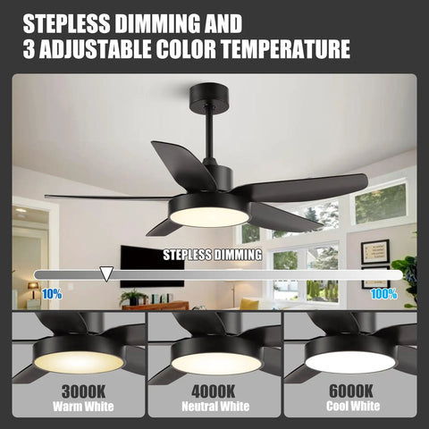 46 Inch Ceiling Fan With Light And Remote Control, 3 Color Temperature LED Lights, Memory Function, 5 ABS Blades, Black