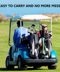 Golf cart with bags, showcasing Three Pack Large Golf Towels With Carabiner Clip Tri Fold Microfiber Waffle Pattern