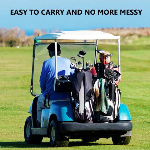 Golf cart with bags, showcasing Three Pack Large Golf Towels With Carabiner Clip Tri Fold Microfiber Waffle Pattern
