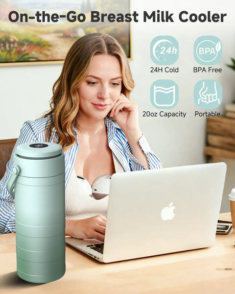 Portable Breast Milk Cooler With Smart Temp Gauge And 20 Oz Leak Proof Travel Bag For Moms And Dads, shown in green beside a laptop.