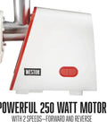 Close-up of Weston Deluxe Electric Tomato Strainer And Food Mill Sauce Maker with 250 watt motor and control buttons.