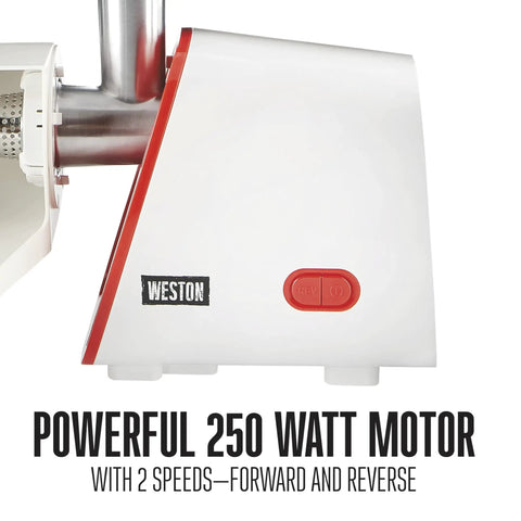 Close-up of Weston Deluxe Electric Tomato Strainer And Food Mill Sauce Maker with 250 watt motor and control buttons.
