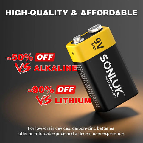 Front view of a 10 Pack 9V Carbon Zinc Batteries For Smoke And CO Detectors, Ultra Long Lasting Beefy Power, Heavy Duty Square 6F22 Battery