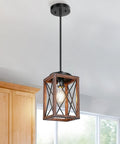 Farmhouse Pendant Light With Metal Frame And Wood Grain Finish, Farmhouse Vibe, 48 Inch Adjustable Pipe Suspension for kitchen