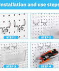 Installation steps for Sweet 4 Piece Pegboard Bins Set With Metal Hooks For Garage Organization shown with tools inside.