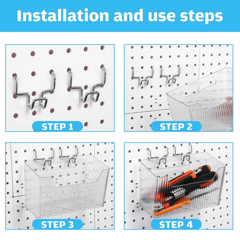Installation steps for Sweet 4 Piece Pegboard Bins Set With Metal Hooks For Garage Organization shown with tools inside.