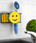 Smiley Face Sponge Holder with Two Suction Cups and One Adhesive Strip, a 3 in 1 Sink Organizer for sponge, soap, dish brush in black.
