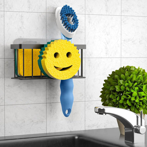 Smiley Face Sponge Holder with Two Suction Cups and One Adhesive Strip, a 3 in 1 Sink Organizer for sponge, soap, dish brush in black.