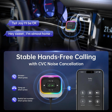 Car Bluetooth 5.4 Receiver With 3.5mm Aux, Coiled Cable, Hands Free Calling, Noise Canceling Microphone in car setup.