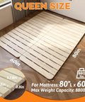 Queen Foldable Floor Bed Frame Built Tough With Heavy Duty Pine Wood Slats Features An Elevated Airflow Gap Hassle Free Setup Rock Solid Platform Sleeping Base For Bedrooms, showing dimensions and slats.