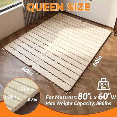 Queen Foldable Floor Bed Frame Built Tough With Heavy Duty Pine Wood Slats Features An Elevated Airflow Gap Hassle Free Setup Rock Solid Platform Sleeping Base For Bedrooms, showing dimensions and slats.