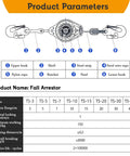Heavy Duty Self Retracting Safety Lanyard With 50 Foot Steel Wire Rope And Rust Resistant Industrial Fall Arrest Gear Built Tough For Active Job Sites Rock Solid 670 Pound Hold Strength With Zero Fluff Dual Disc Braking Reliability product parameters chart showing components and specifications.