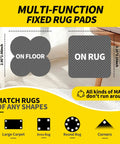 Graphic showing shapes of Heavy Duty Rug Gripper Tape With Detachable Hook And Loop Strips For Hardwood Floors And Tile Keeps Area Rugs In Place Safe And Snug Reusable Non Slip Rug Fasteners For Everyday Use.