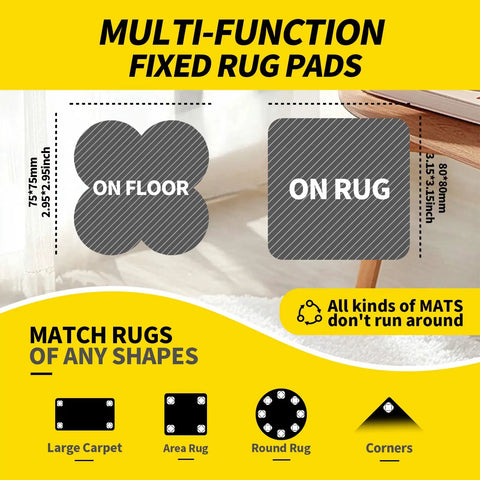 Graphic showing shapes of Heavy Duty Rug Gripper Tape With Detachable Hook And Loop Strips For Hardwood Floors And Tile Keeps Area Rugs In Place Safe And Snug Reusable Non Slip Rug Fasteners For Everyday Use.