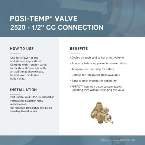 PosiTemp Rough In Pressure Balancing Shower Valve For Half Inch CC Connection Behind Wall Install A DIY Upgrade For Your Home Shower Experience Easy Install