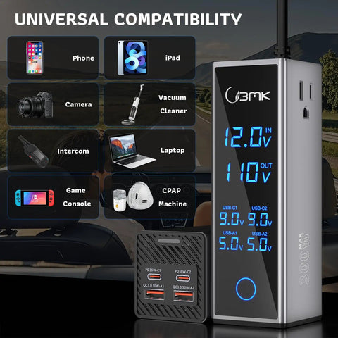 Road Trip Vibes 300W Car Power Inverter Dc To Ac Converter With Pd 36W Quick Charge 4 Usb Ports Lcd Display stackable design and meter panel for gadgets.