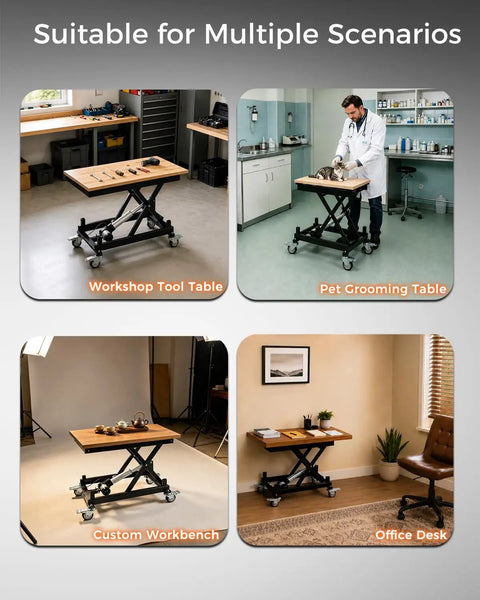 Heavy Duty Electric Lift Table With 320 Lbs Load Capacity used in workshop, pet grooming, custom workbench, and office desk setups.
