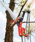 Close-up of Extendable Manual Pole Saw With Eight Section Reach Up To 27 Feet cutting a branch, sharp 65Mn steel blade in action.